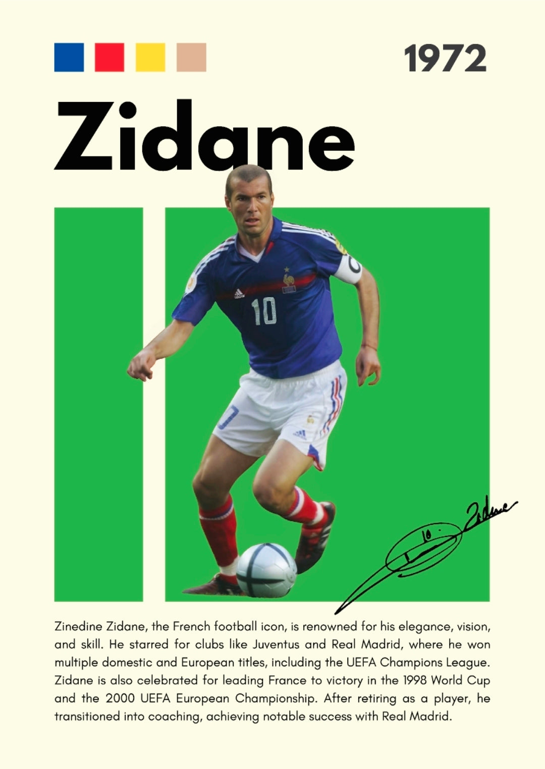 21x16 Soccer France Zidane Textured Fine Art Print Facsimilie Autograph