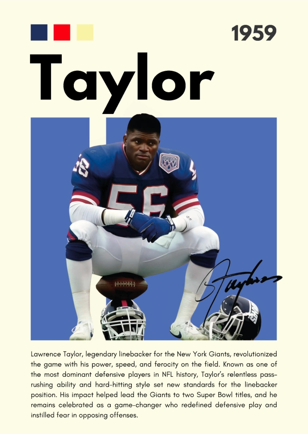 21x16 NFL New York Giants Taylor LT Textured Fine Art Print Facsimilie Autograph