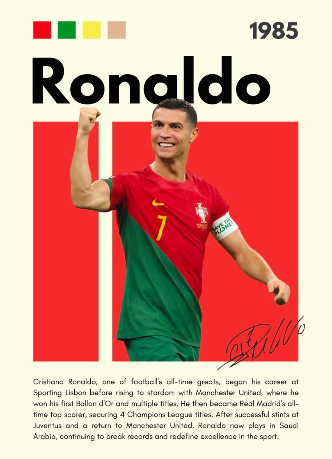 21x16 Soccer Portugal Ronaldo Textured Fine Art Print Facsimilie Autograph