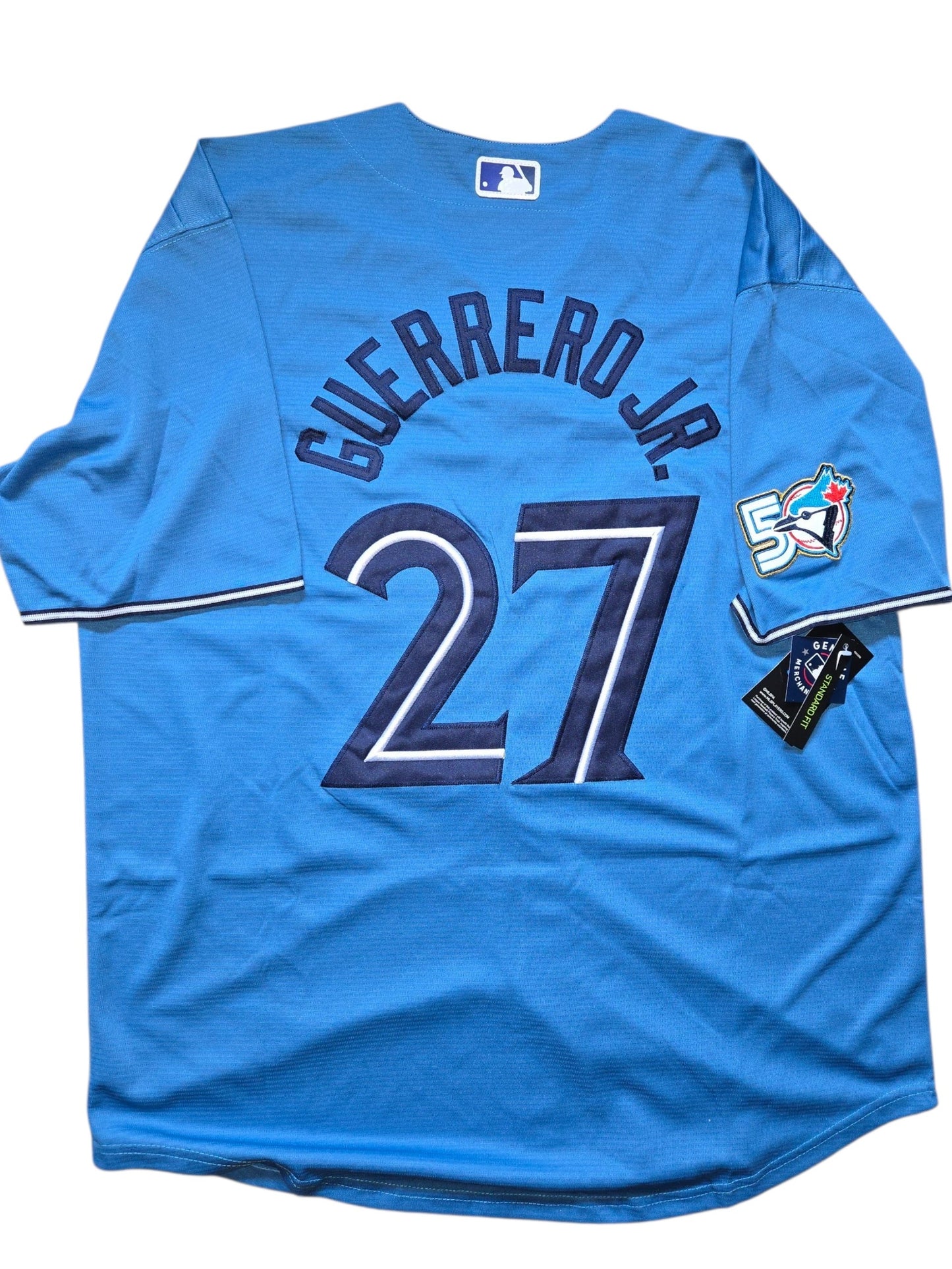 Toronto Blue Jays 50th Patch Guerrero Jr Light Blue Baseball Jersey Size Mens Medium