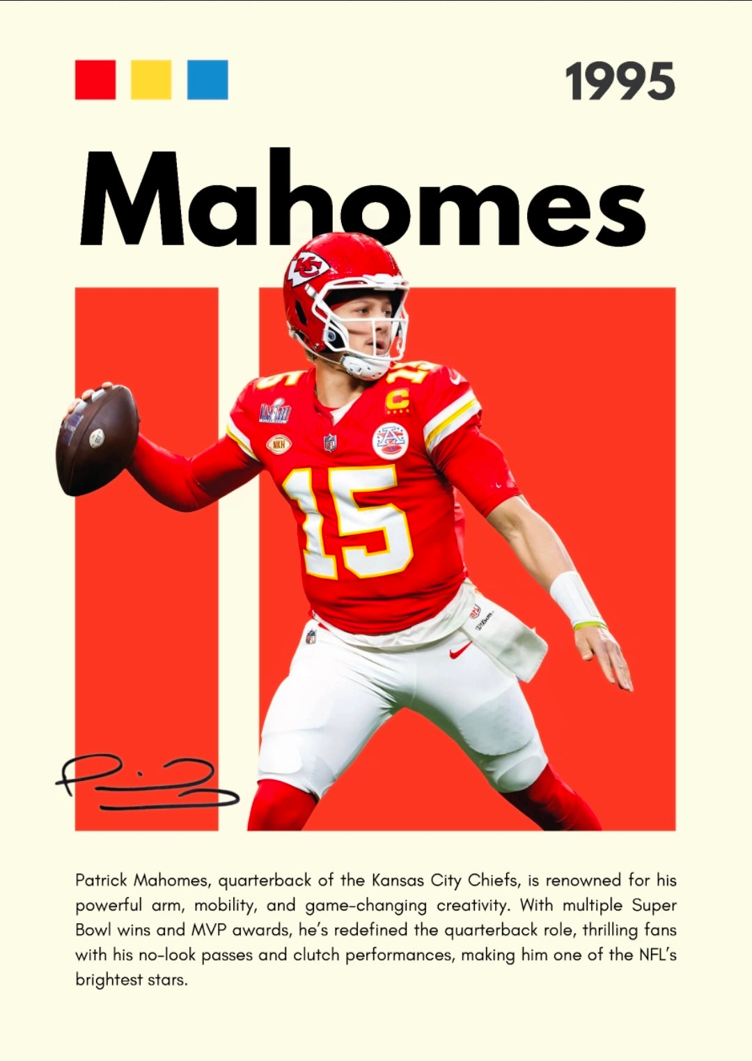 21x16 NFL Kansas City Chiefs Mahomes Textured Fine Art Print Facsimilie Autograph