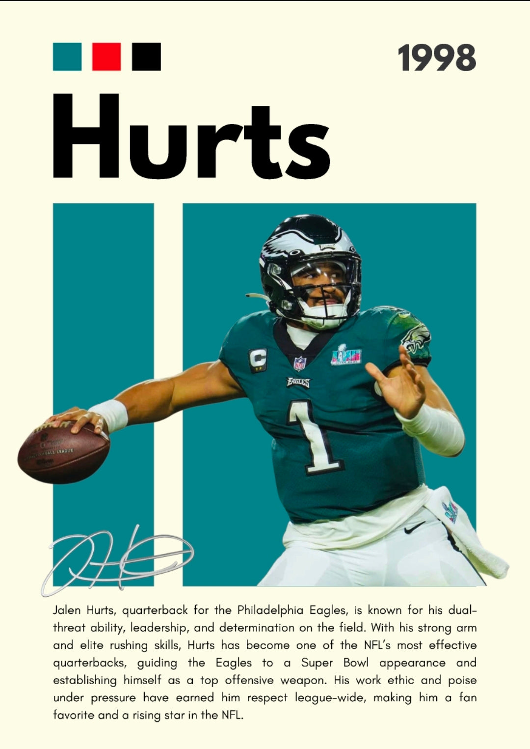 21x16 NFL Philadelphia Eagles Hurts Textured Fine Art Print Facsimilie Autograph