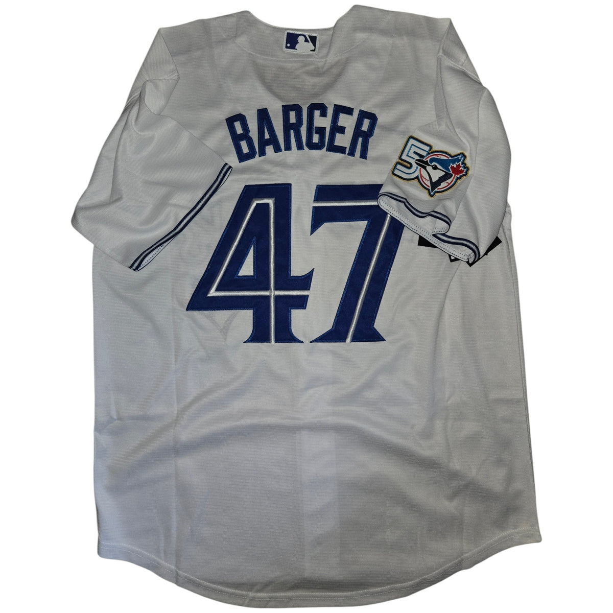 Toronto Blue Jays 50th Patch Barger White Baseball Jersey Size Mens Small