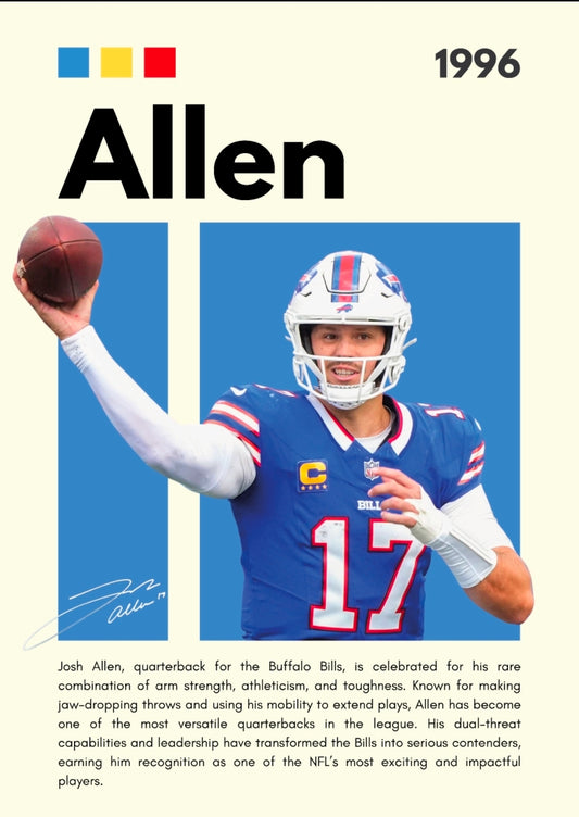 21x16 NFL Buffalo Bills Allen Textured Fine Art Print Facsimilie Autograph