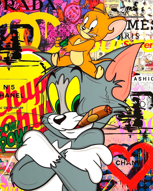 26x38 Wall Art Graffitti Style Tom and Jerry Textured Fine Art Print