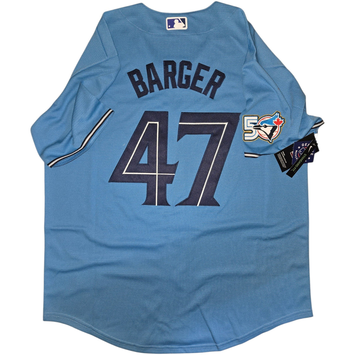 Toronto Blue Jays 50th Patch Barger Light Blue Baseball Jersey Size Mens Large