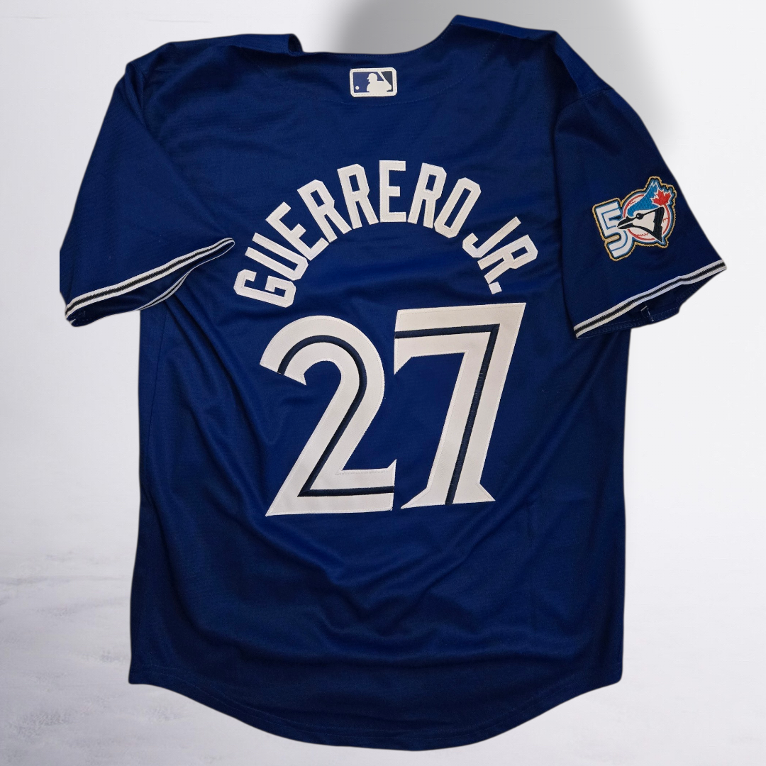 Toronto Blue Jays 50th Patch Guerrero Jr Dark Blue Baseball Jersey Size Mens Medium