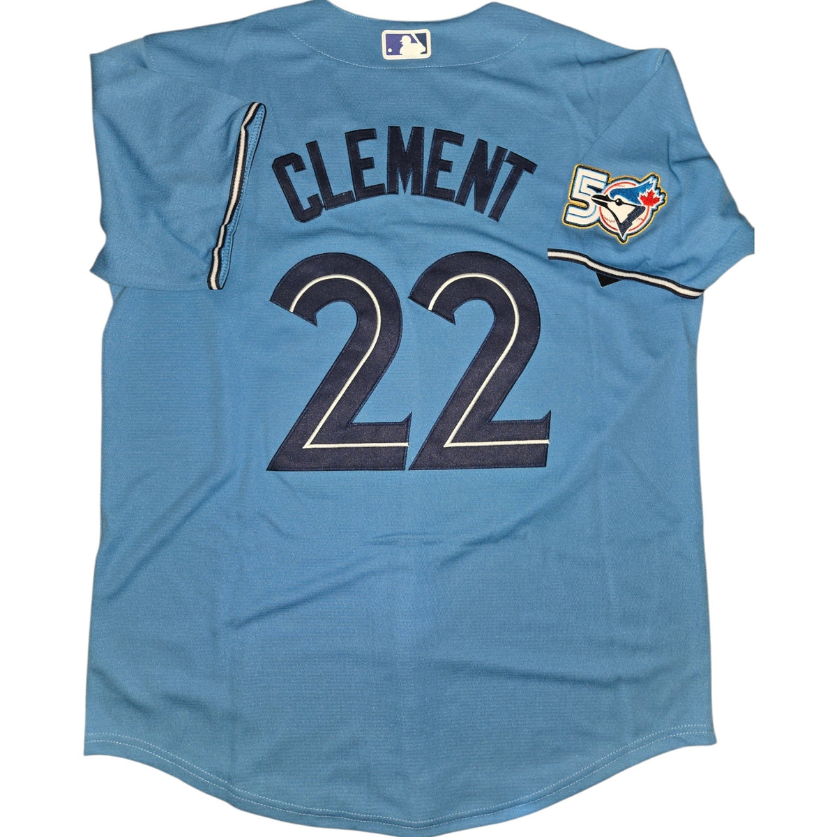 Toronto Blue Jays 50th Patch Clement Light Blue Baseball Jersey Size Womens Large
