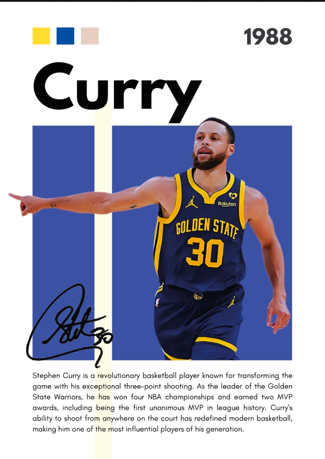 21x16 NBA Golden State Warriors Steph Curry Textured Fine Art Print Facsimilie Autograph