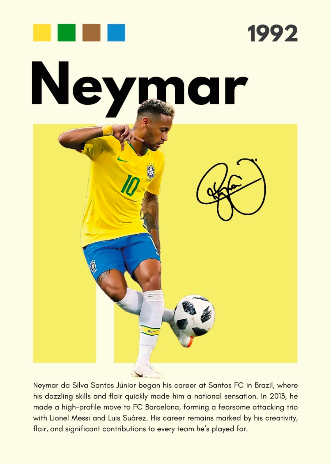 21x16 Soccer Brazil Neymar Jr Textured Fine Art Print Facsimilie Autograph