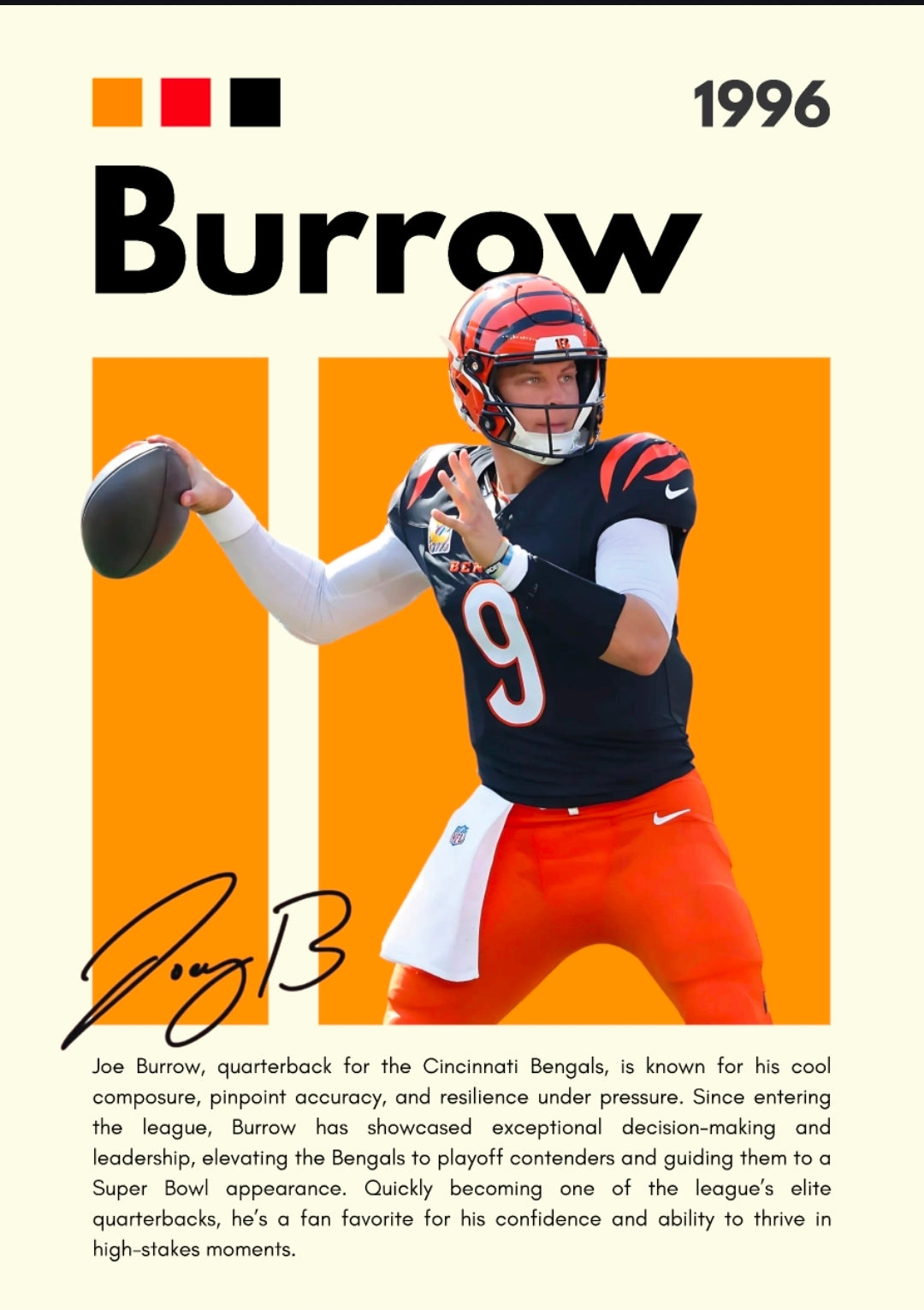 21x16 NFL Cincinnati Bengals Burrow Textured Fine Art Print Facsimilie Autograph