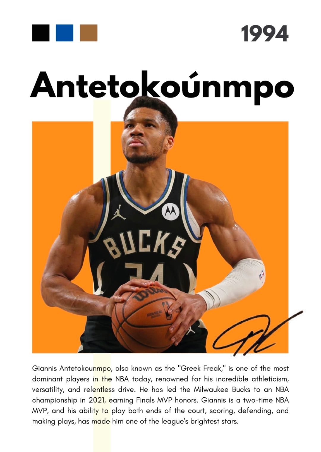 21x16 NBA Milwaukee Bucs Antetokounmpo Textured Fine Art Print Facsimilie Autograph
