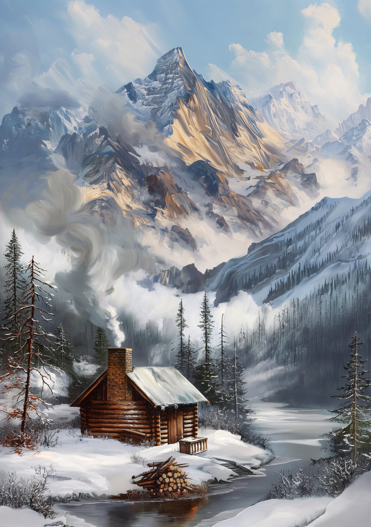 26x38 Wall Art Scenic Winter Cabin Textured Fine Art Print